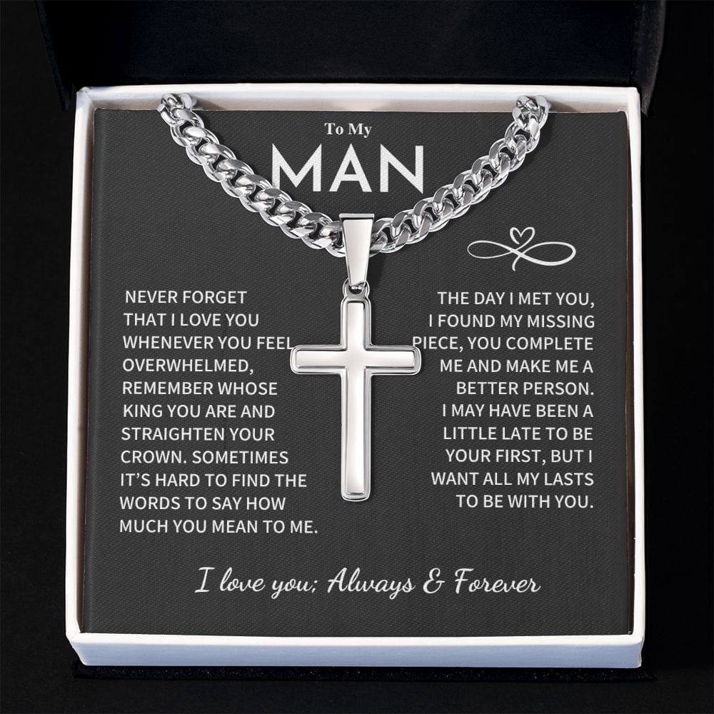 My Man Gift, "Remember Whose King You Are", Cuban Chain with Artisan Cross Necklace Jewelry