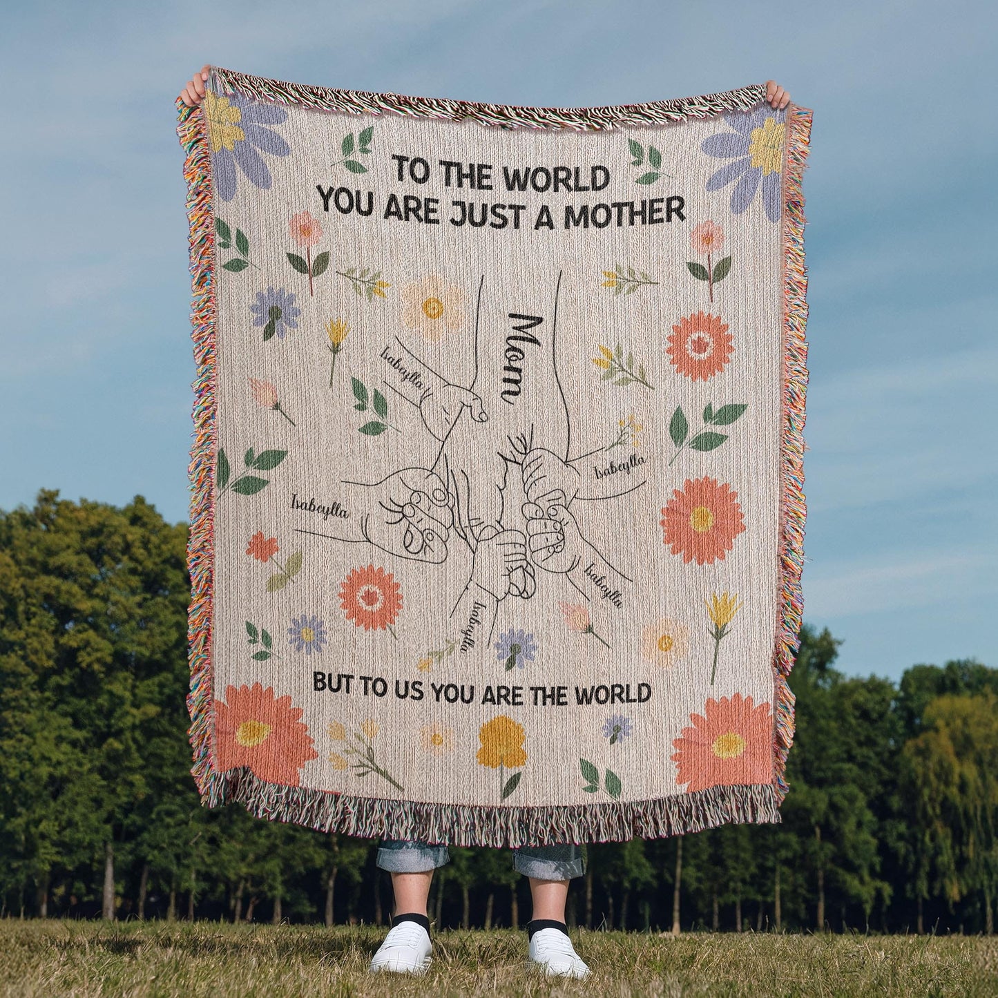 Personalized Mom With Kids Name Blanket, Mother with Child's Hands Blanket