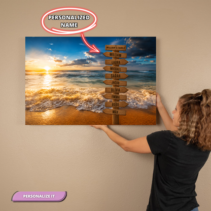 Personalized Beach Family Canvas | Custom Family Name Ocean Wall Art | Family Signpost Canvas | Personalized Family Gift