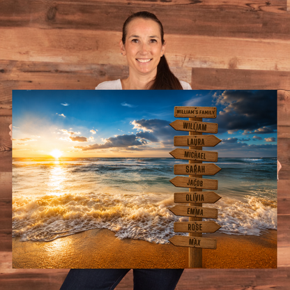 Personalized Beach Family Canvas | Custom Family Name Ocean Wall Art | Family Signpost Canvas | Personalized Family Gift