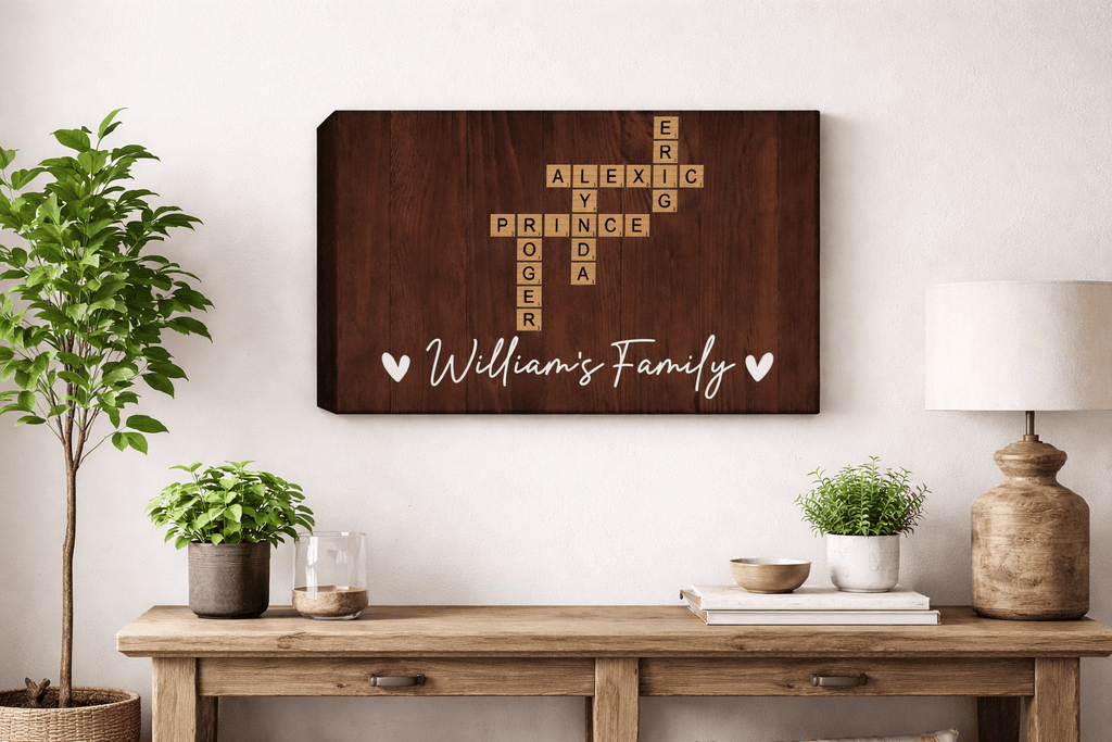 Personalized Family Name Crossword Canvas Wall Art – Custom Scrabble Style Wooden Sign Gift for Home Decor, Anniversary, Housewarming Canvas