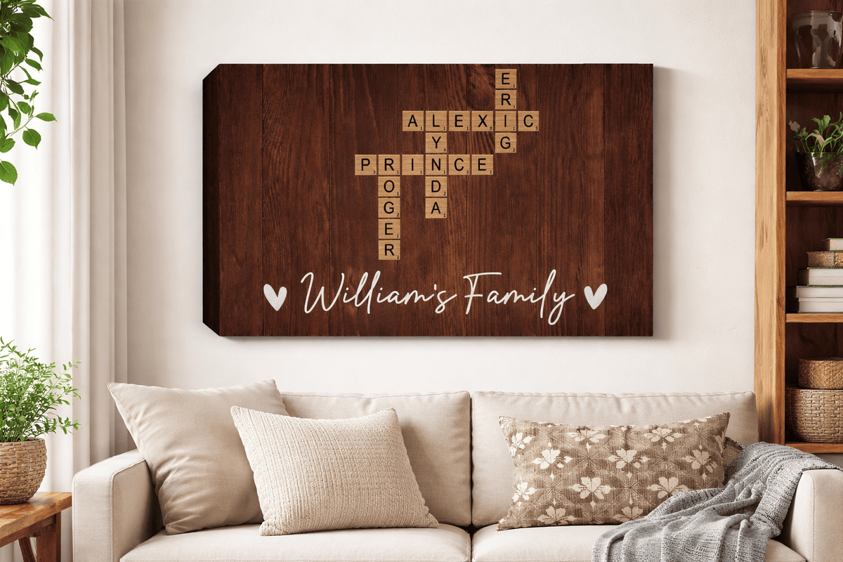 Personalized Family Name Crossword Canvas Wall Art – Custom Scrabble Style Wooden Sign Gift for Home Decor, Anniversary, Housewarming Canvas