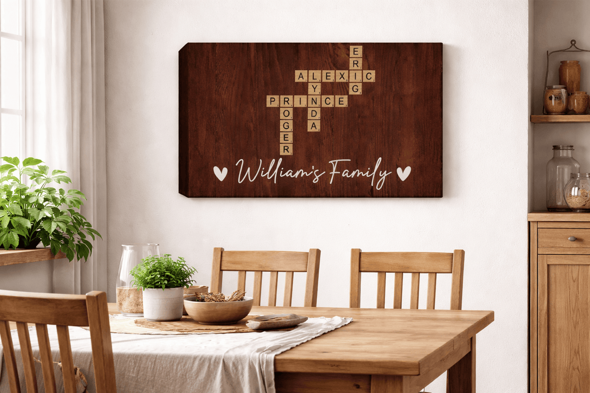 Personalized Family Name Crossword Canvas Wall Art – Custom Scrabble Style Wooden Sign Gift for Home Decor, Anniversary, Housewarming Canvas