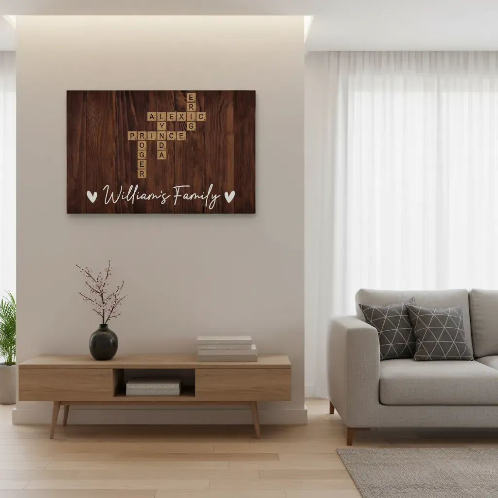 Personalized Family Name Crossword Canvas Wall Art – Custom Scrabble Style Wooden Sign Gift for Home Decor, Anniversary, Housewarming Canvas