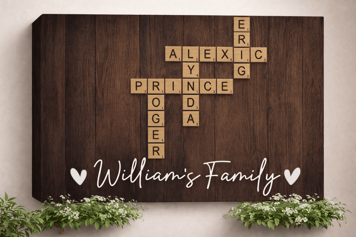 Personalized Family Name Crossword Canvas Wall Art – Custom Scrabble Style Wooden Sign Gift for Home Decor, Anniversary, Housewarming Canvas