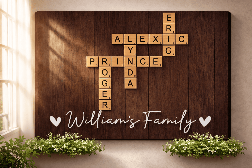 Personalized Family Name Crossword Canvas Wall Art – Custom Scrabble Style Wooden Sign Gift for Home Decor, Anniversary, Housewarming Canvas