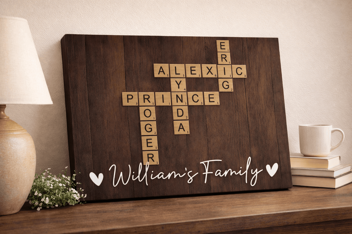 Personalized Family Name Crossword Canvas Wall Art – Custom Scrabble Style Wooden Sign Gift for Home Decor, Anniversary, Housewarming Canvas