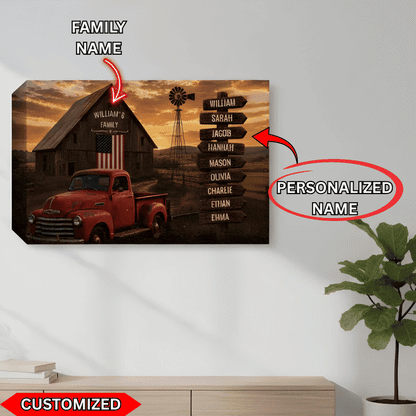 Personalized Rustic Farmhouse Family Canvas | Custom Barn & Vintage Red Truck Wall Art | Family Name & Kids Signpost Gift Canvas