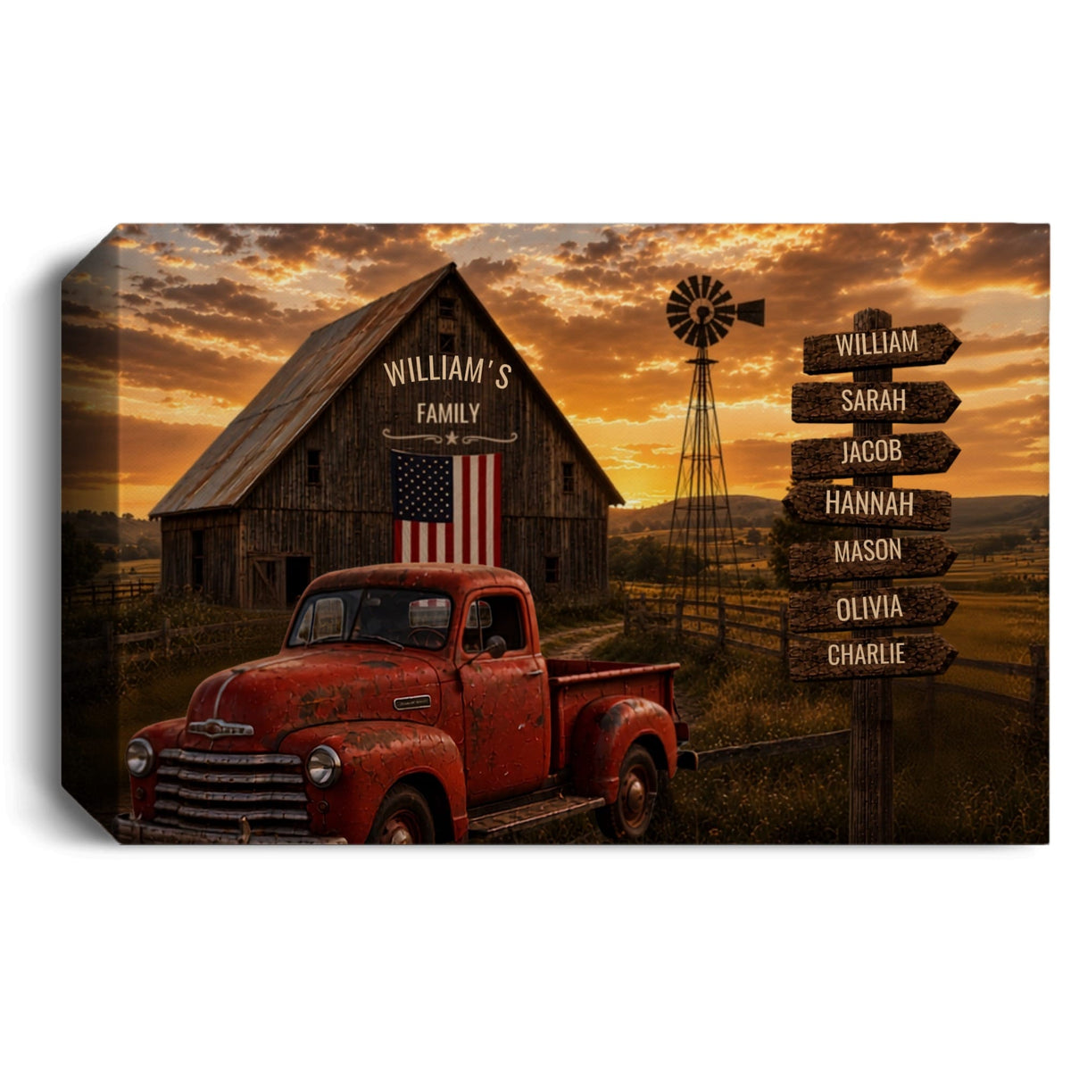 Personalized Rustic Farmhouse Family Canvas | Custom Barn & Vintage Red Truck Wall Art | Family Name & Kids Signpost Gift Canvas