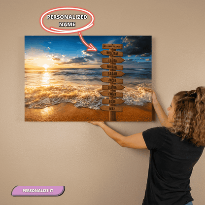 Personalized Beach Family Canvas | Custom Family Name Ocean Wall Art | Family Signpost Canvas | Personalized Family Gift