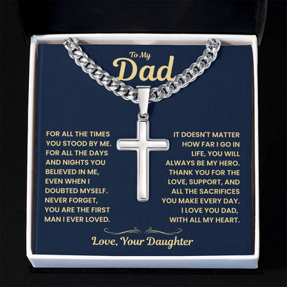 Gift For Dad From Daughter, "First Man I Ever Loved", Cuban Chain Cross Necklace Jewelry