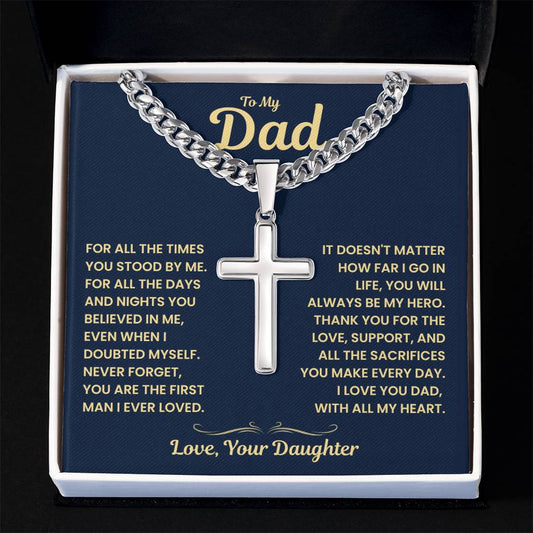 Gift For Dad From Daughter, "First Man I Ever Loved", Cuban Chain Cross Necklace Jewelry