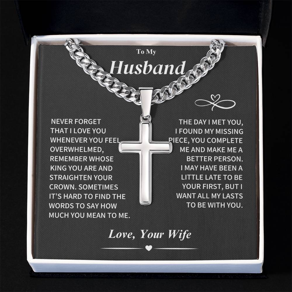 Husband Gift, Cuban Chain with Artisan Cross Necklace Jewelry