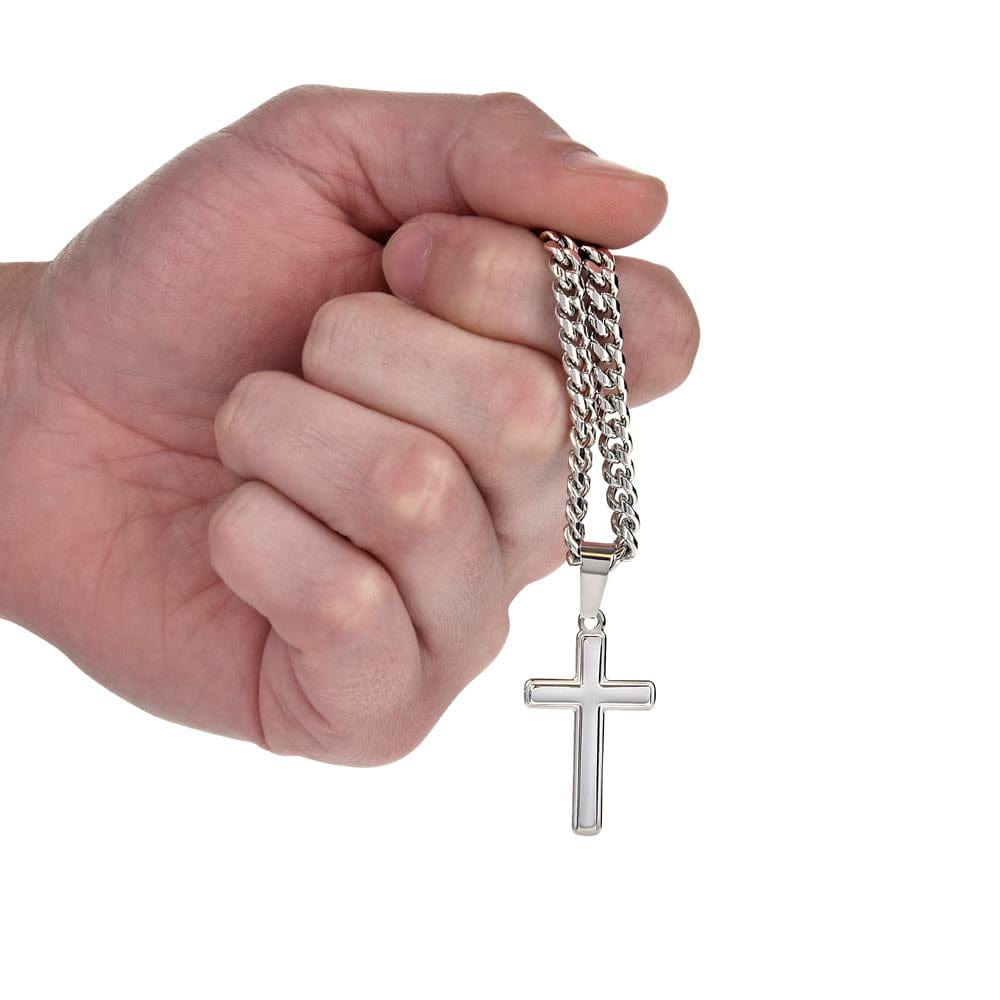Husband Gift, Cuban Chain with Artisan Cross Necklace Jewelry