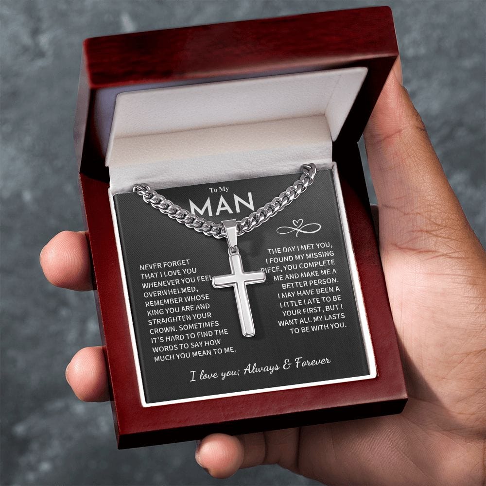 My Man Gift, "Remember Whose King You Are", Cuban Chain with Artisan Cross Necklace Jewelry