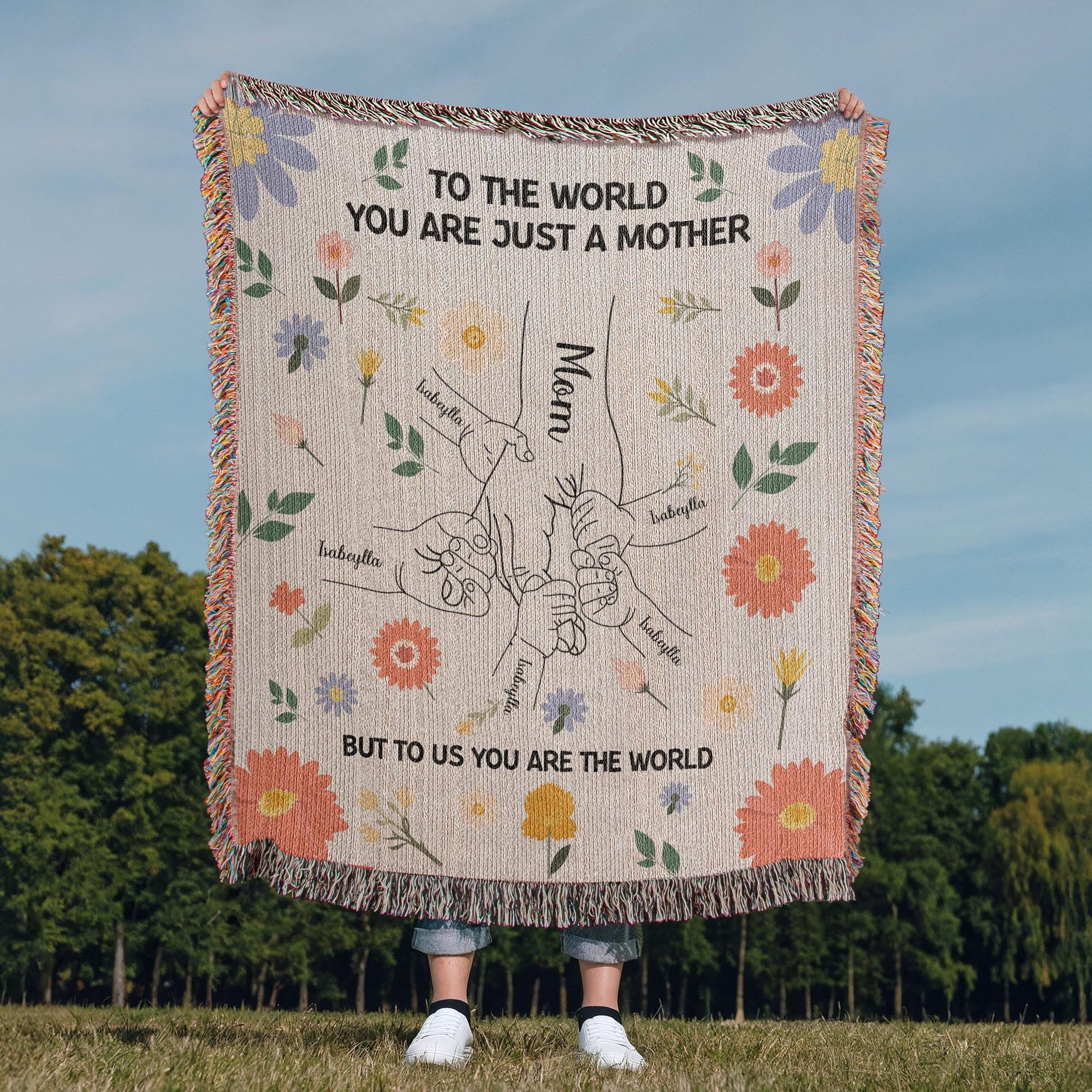 Personalized Mom With Kids Name Blanket, Mother with Child's Hands Blanket