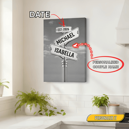 Personalized Couple Street Sign Canvas – Custom Names & Established Date Romantic Wall Art Gift Prints