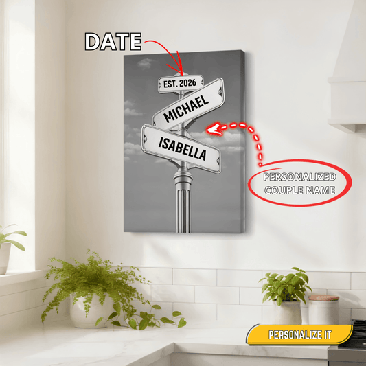 Personalized Couple Street Sign Canvas – Custom Names & Established Date Romantic Wall Art Gift Prints