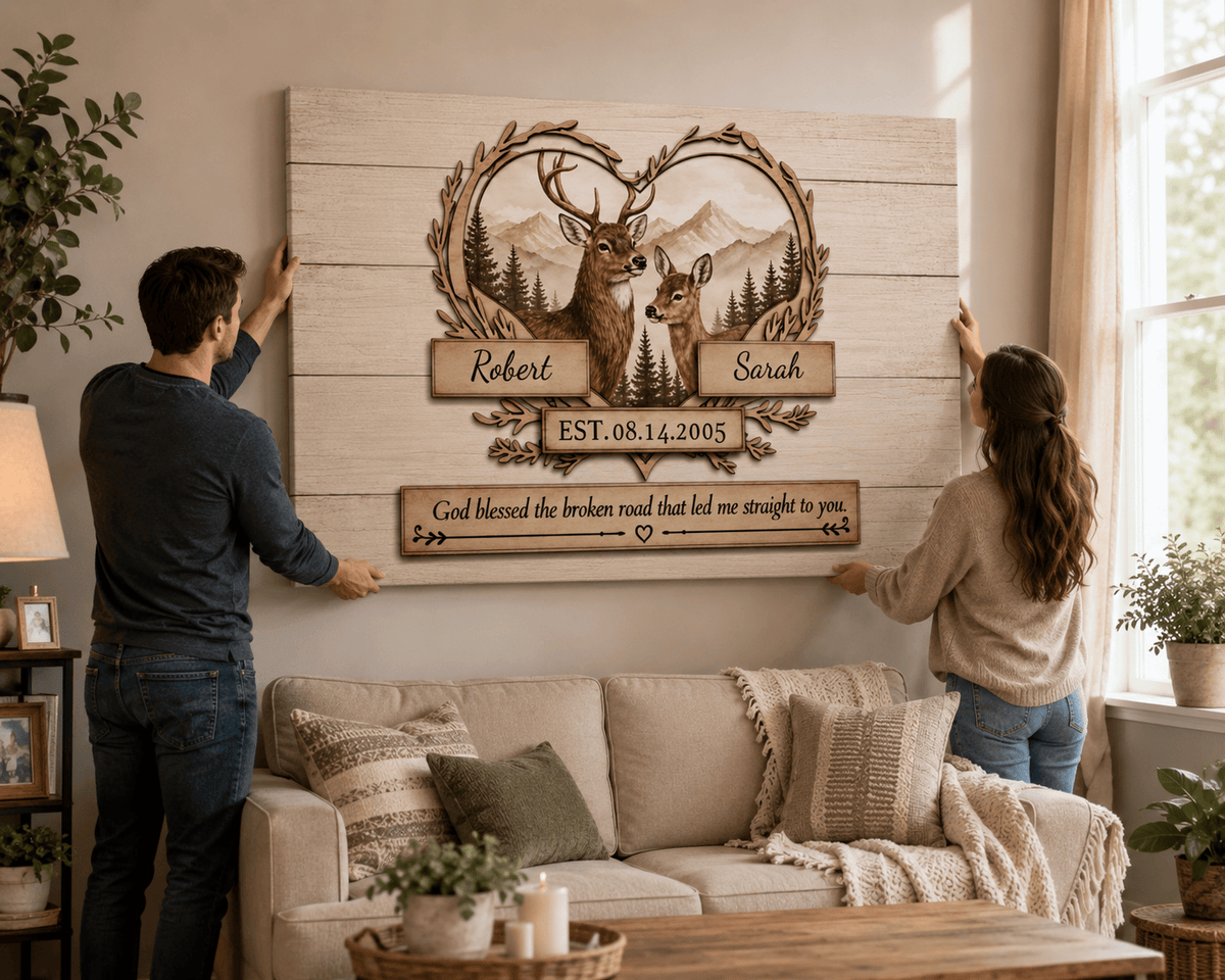 Personalized Deer Couple Canvas Wall Art – Rustic Woodland Anniversary Gift for Couples Prints