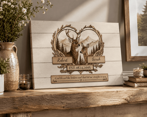 Personalized Deer Couple Canvas Wall Art – Rustic Woodland Anniversary Gift for Couples Prints
