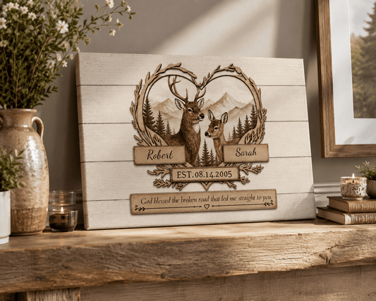 Personalized Deer Couple Canvas Wall Art – Rustic Woodland Anniversary Gift for Couples Prints