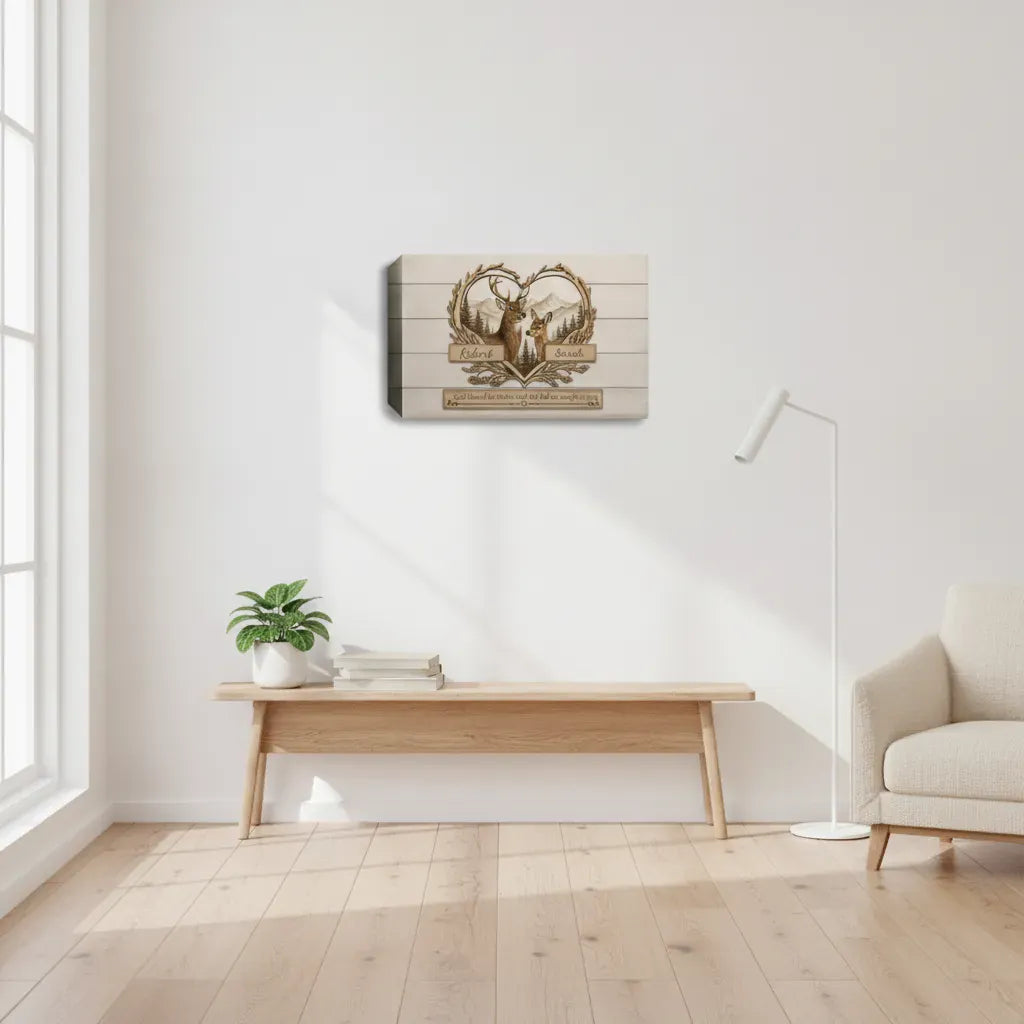 Personalized Deer Couple Wooden Style Canvas – Custom Name Rustic Farmhouse Wall Art for Couples Prints