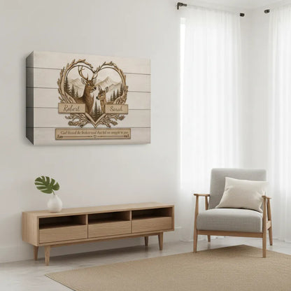 Personalized Deer Couple Wooden Style Canvas – Custom Name Rustic Farmhouse Wall Art for Couples Prints