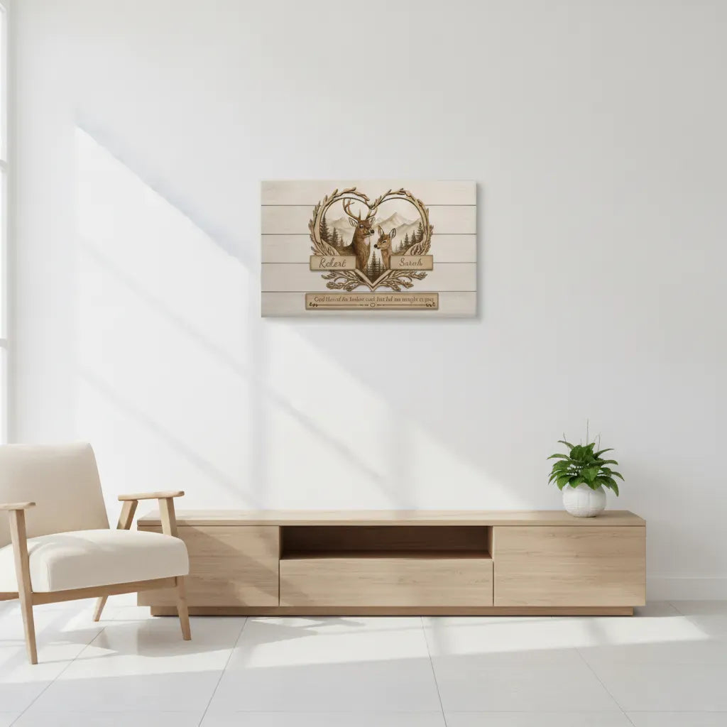 Personalized Deer Couple Wooden Style Canvas – Custom Name Rustic Farmhouse Wall Art for Couples Prints