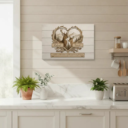 Personalized Deer Couple Wooden Style Canvas – Custom Name Rustic Farmhouse Wall Art for Couples Prints