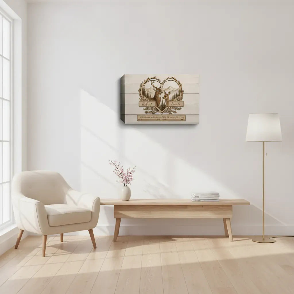 Personalized Deer Couple Wooden Style Canvas – Custom Name Rustic Farmhouse Wall Art for Couples Prints