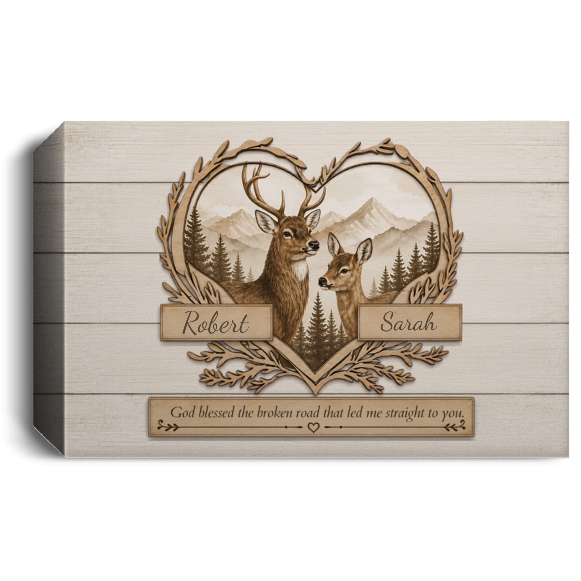 Personalized Deer Couple Wooden Style Canvas – Custom Name Rustic Farmhouse Wall Art for Couples Prints