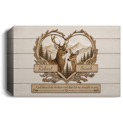 Personalized Deer Couple Wooden Style Canvas – Custom Name Rustic Farmhouse Wall Art for Couples Prints