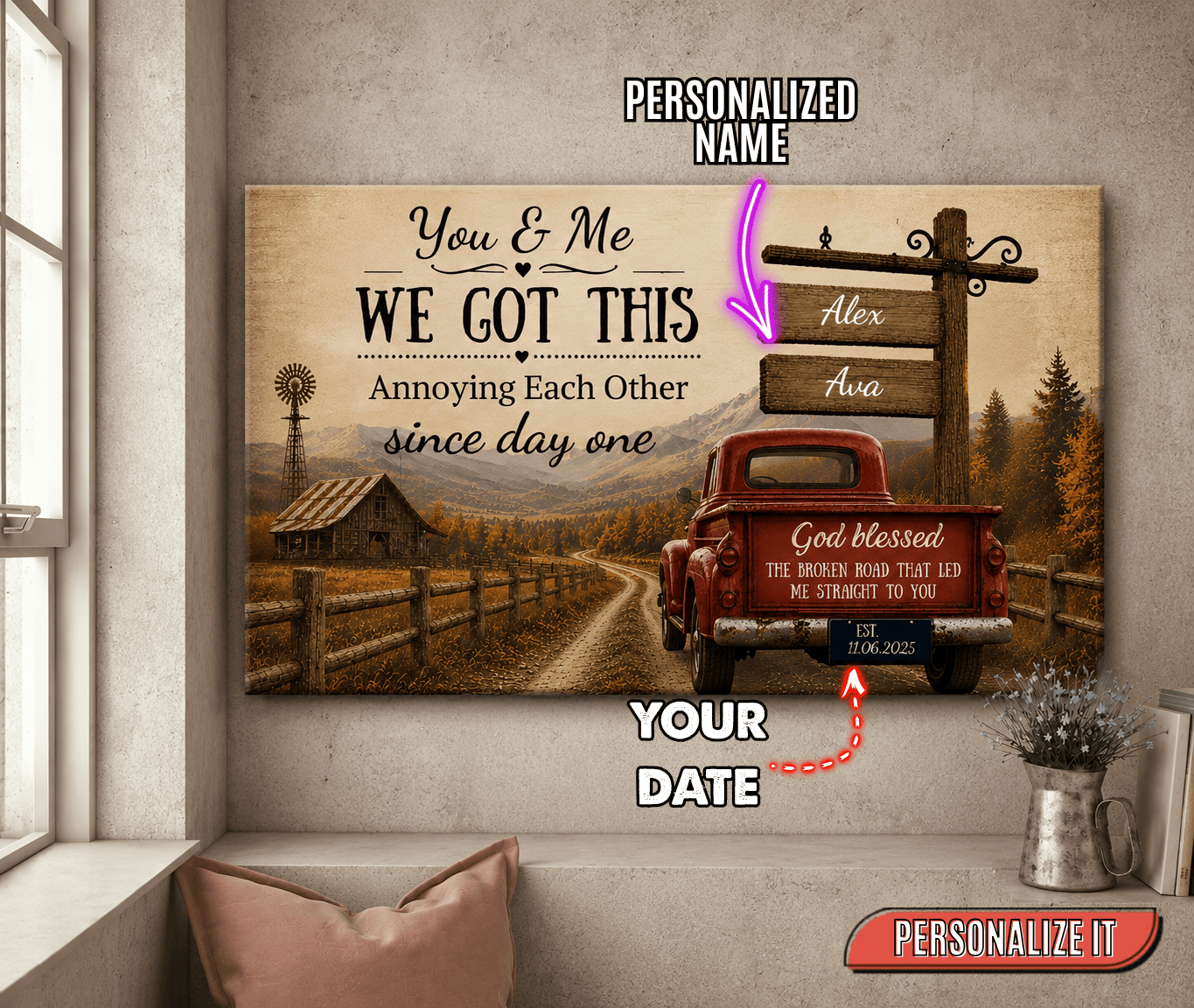 Personalized You & Me We Got This Canvas – Custom Couple Farmhouse Truck Anniversary Wall Art Prints