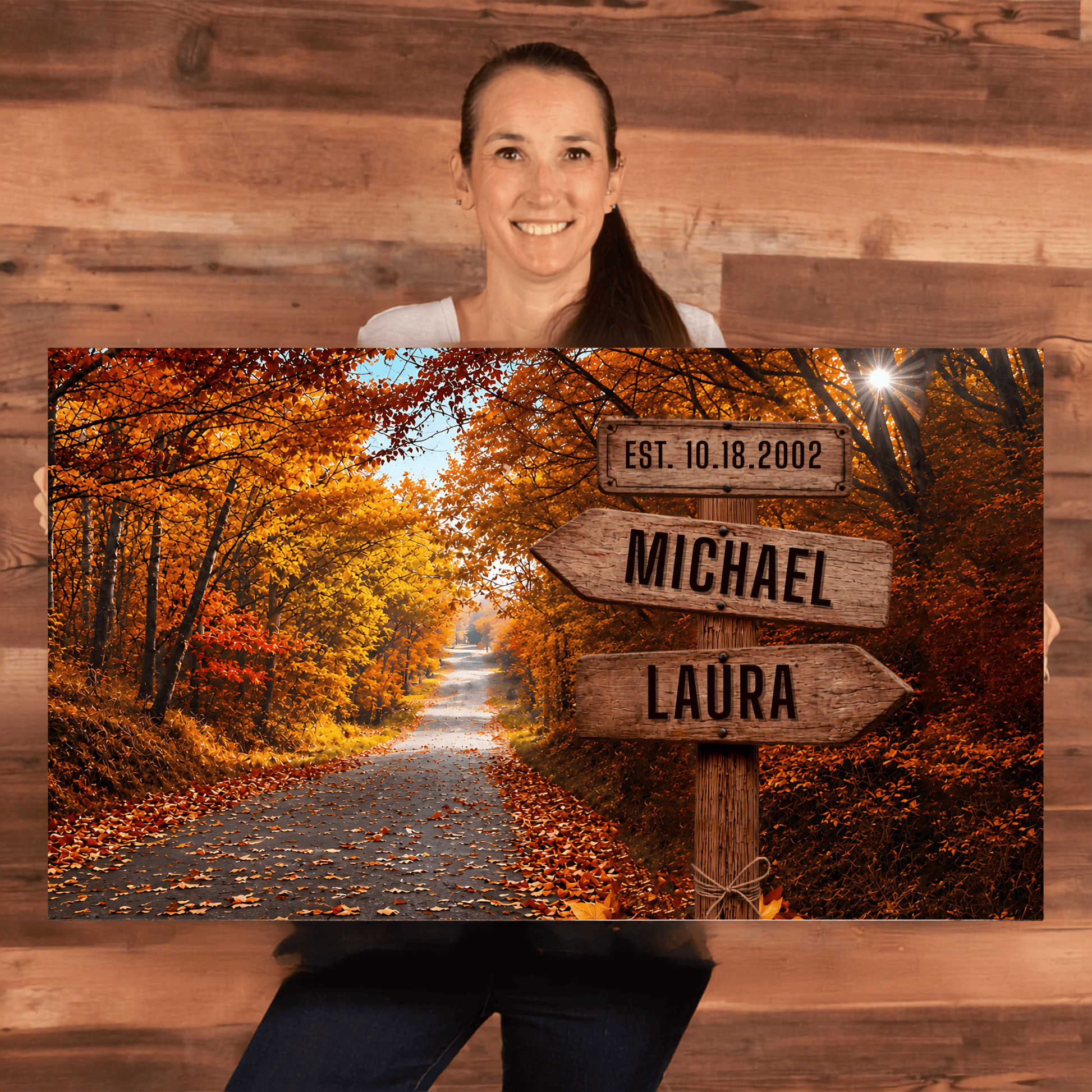 Personalized Autumn Couple Canvas Wall Art | Custom Name Rustic Signpost Canvas | Anniversary Gift for Couple | Wedding Date Canvas | Fall Forest Home Decor Wall Art
