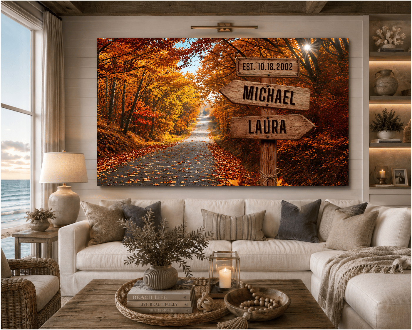Personalized Autumn Couple Canvas Wall Art | Custom Name Rustic Signpost Canvas | Anniversary Gift for Couple | Wedding Date Canvas | Fall Forest Home Decor Wall Art