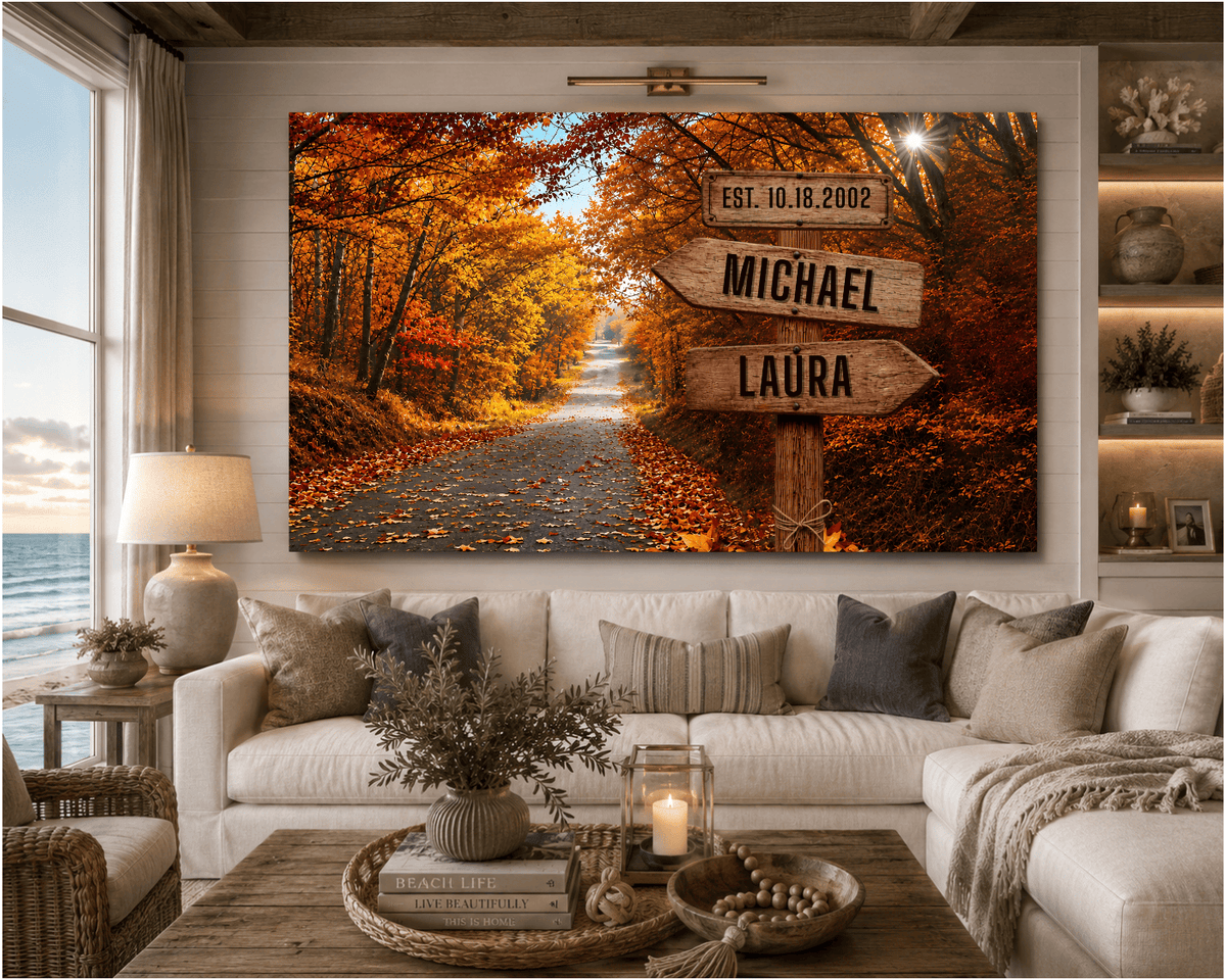 Personalized Autumn Couple Canvas Wall Art | Custom Name Rustic Signpost Canvas | Anniversary Gift for Couple | Wedding Date Canvas | Fall Forest Home Decor Wall Art