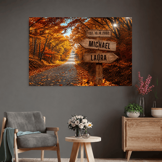 Personalized Autumn Couple Canvas Wall Art | Custom Name Rustic Signpost Canvas | Anniversary Gift for Couple | Wedding Date Canvas | Fall Forest Home Decor Wall Art