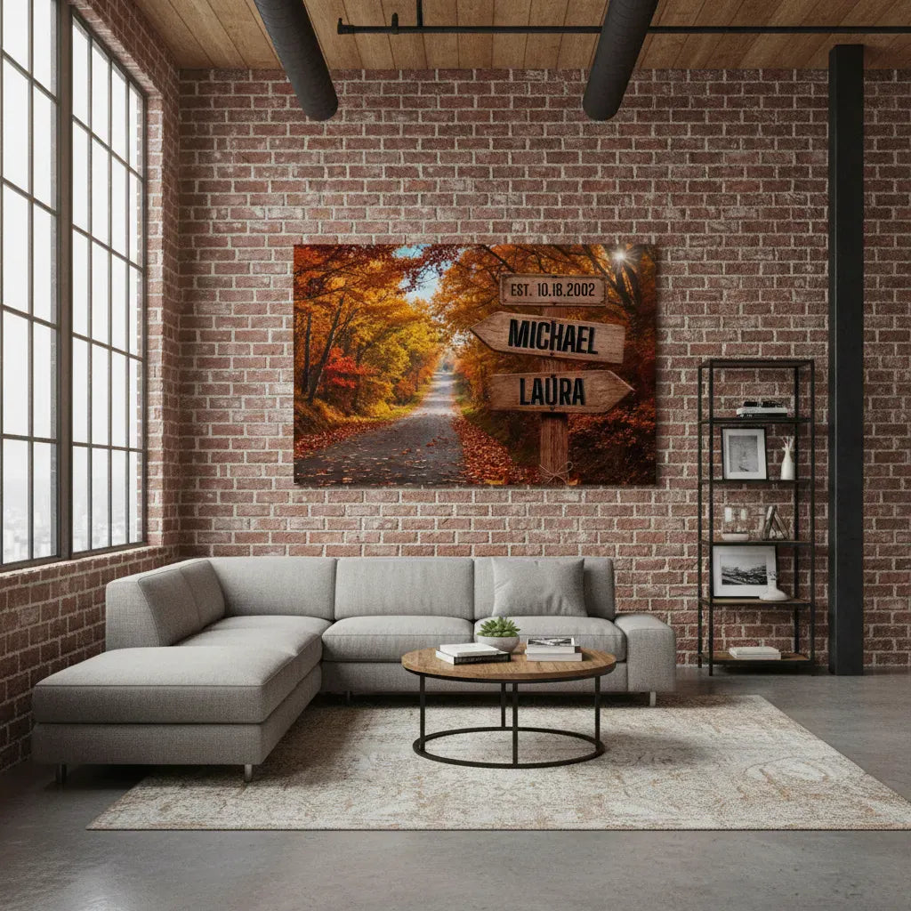 Personalized Autumn Couple Canvas Wall Art | Custom Name Rustic Signpost Canvas | Anniversary Gift for Couple | Wedding Date Canvas | Fall Forest Home Decor Wall Art