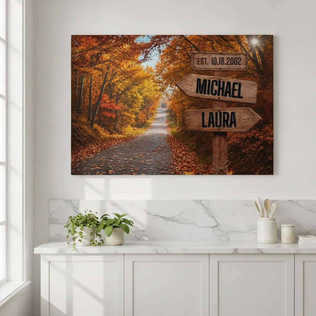 Personalized Autumn Couple Canvas Wall Art | Custom Name Rustic Signpost Canvas | Anniversary Gift for Couple | Wedding Date Canvas | Fall Forest Home Decor Wall Art