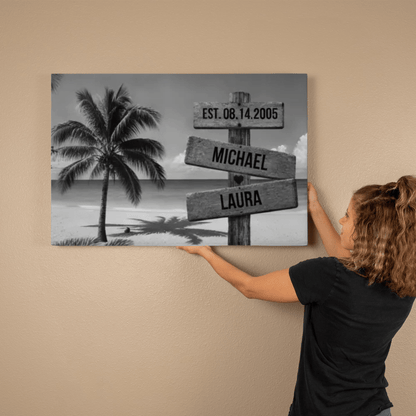 Personalized Beach Sign Canvas | Couple Name Beach Wall Art | Custom Anniversary Canvas | Wedding Date Gift for Couples Wall Art