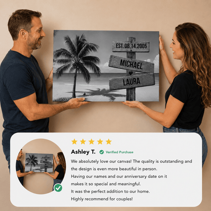 Personalized Beach Sign Canvas | Couple Name Beach Wall Art | Custom Anniversary Canvas | Wedding Date Gift for Couples Wall Art