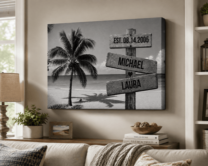 Personalized Beach Sign Canvas | Couple Name Beach Wall Art | Custom Anniversary Canvas | Wedding Date Gift for Couples Wall Art