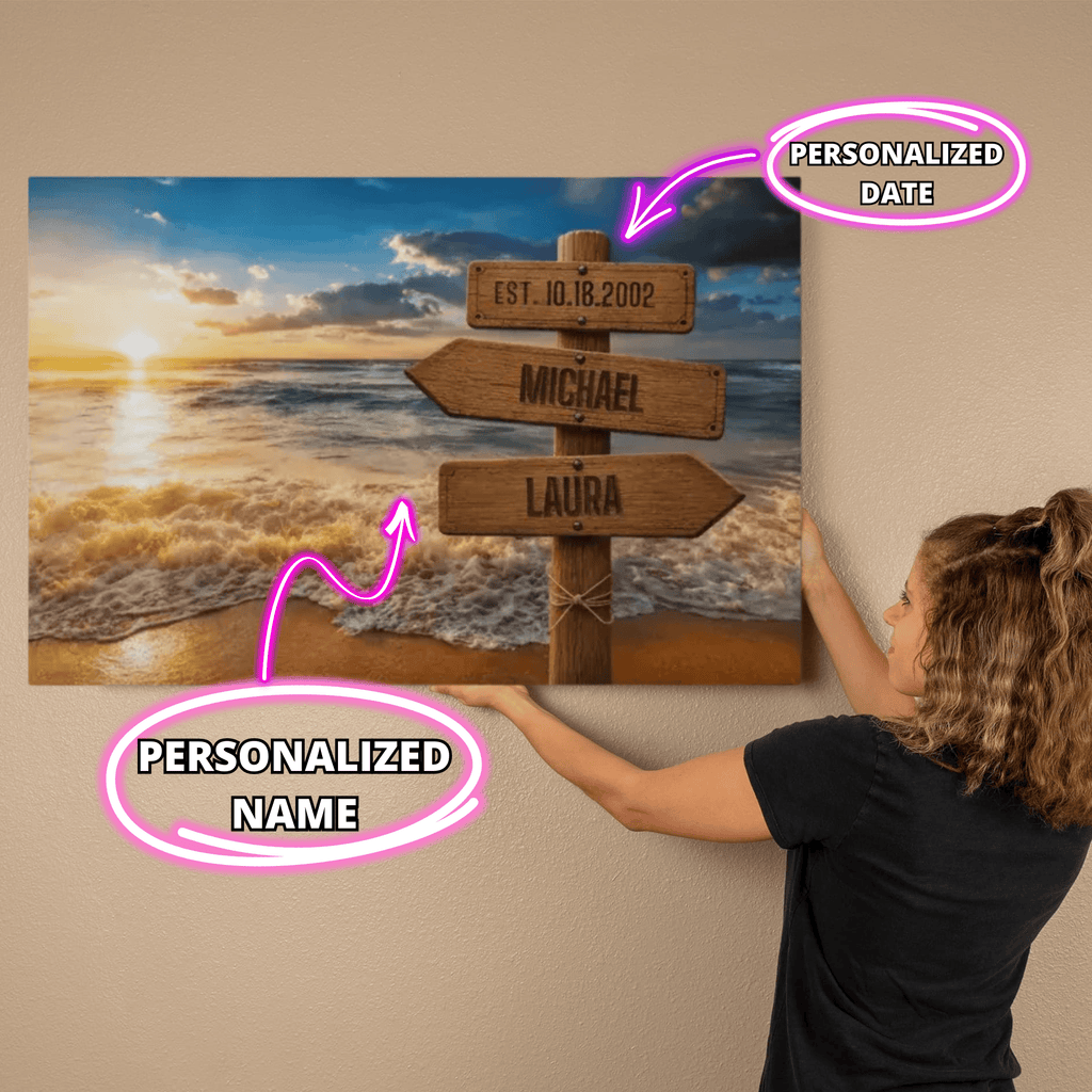 Personalized Beach Sunset Canvas | Custom Couple Name Beach Wall Art | Anniversary Gift | Coastal Family Name Canvas | Wedding Date Beach Decor Wall Art