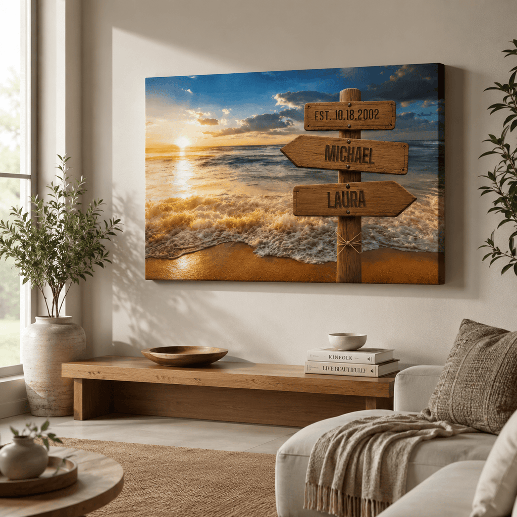 Personalized Beach Sunset Canvas | Custom Couple Name Beach Wall Art | Anniversary Gift | Coastal Family Name Canvas | Wedding Date Beach Decor Wall Art
