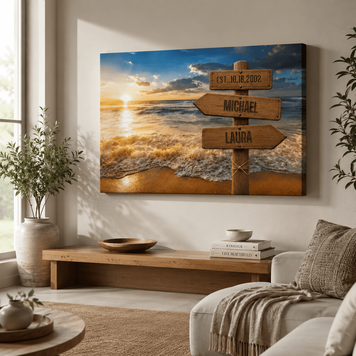 Personalized Beach Sunset Canvas | Custom Couple Name Beach Wall Art | Anniversary Gift | Coastal Family Name Canvas | Wedding Date Beach Decor Wall Art