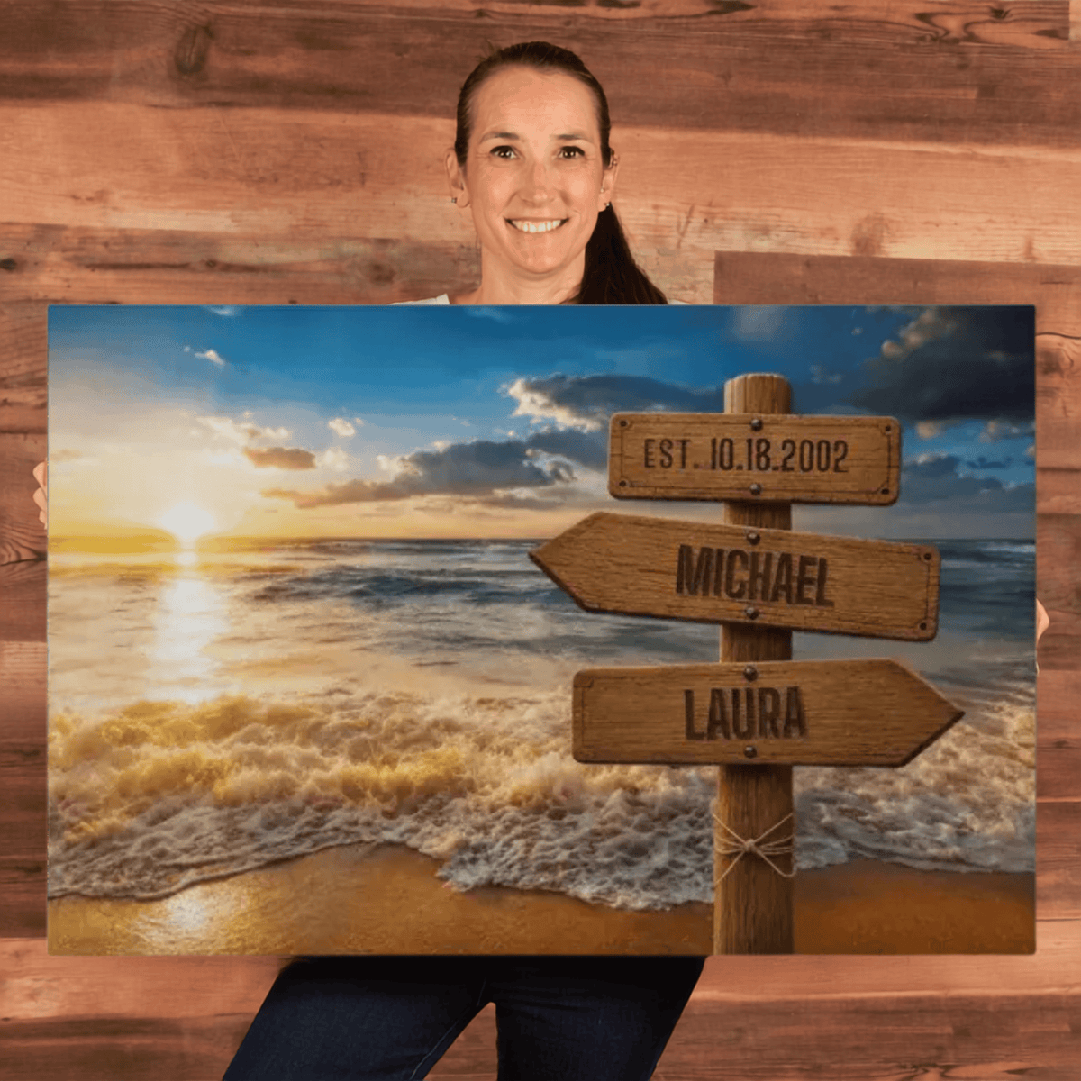Personalized Beach Sunset Canvas | Custom Couple Name Beach Wall Art | Anniversary Gift | Coastal Family Name Canvas | Wedding Date Beach Decor Wall Art