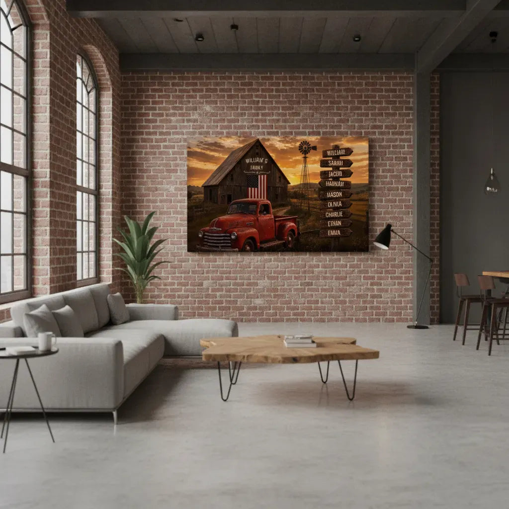 Personalized Family Barn Canvas with Vintage Truck & Custom Name Signpost – Rustic Farmhouse Wall Art wall art