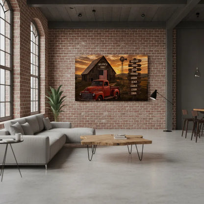 Personalized Family Barn Canvas with Vintage Truck & Custom Name Signpost – Rustic Farmhouse Wall Art wall art