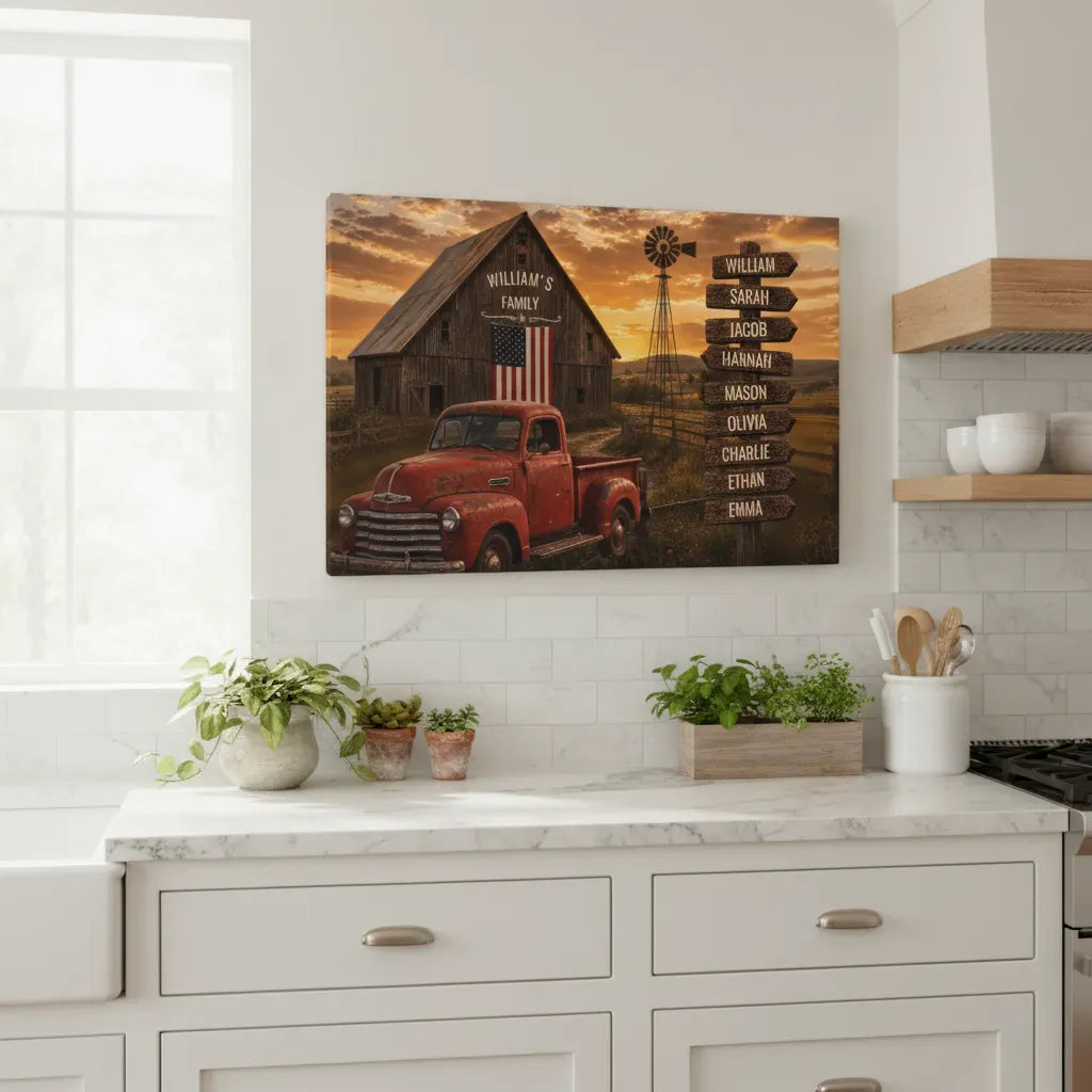Personalized Family Barn Canvas with Vintage Truck & Custom Name Signpost – Rustic Farmhouse Wall Art wall art