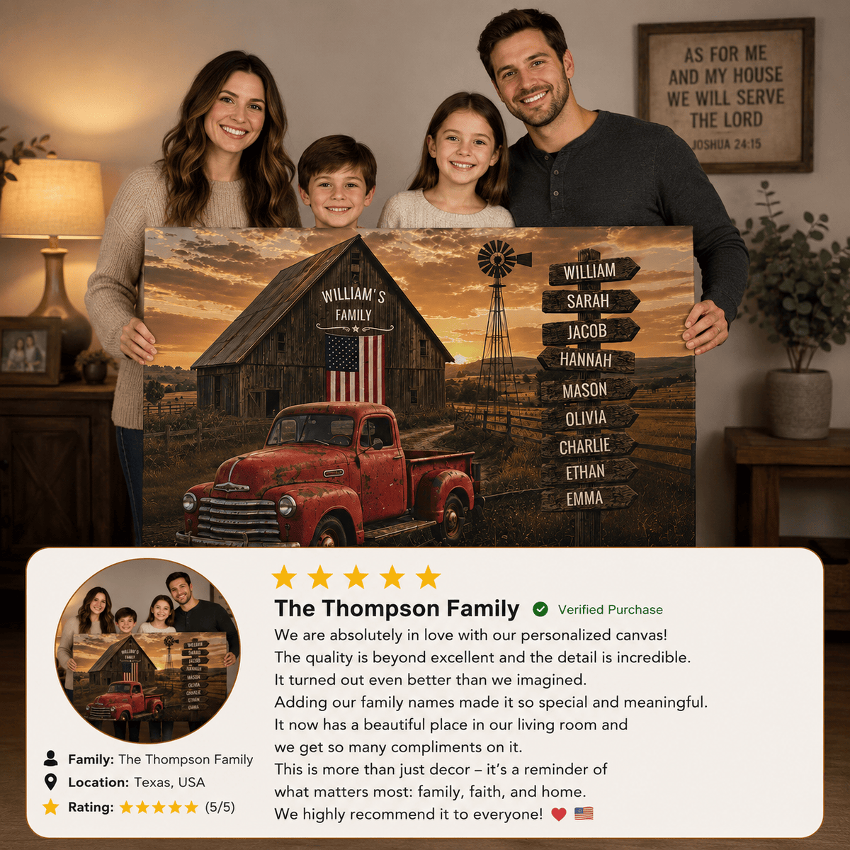 Personalized Family Barn Canvas with Vintage Truck & Custom Name Signpost – Rustic Farmhouse Wall Art wall art